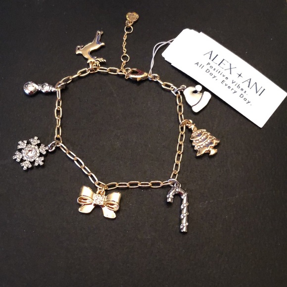 Alex + Ani Shiny Gold Tone Holiday Cheer Multi Charm Bracelet 7 Charms NWT - Picture 9 of 12